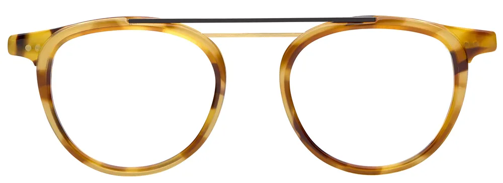 Monture Agidu de La Petite Lunette Rouge, double pont, écaille ambrée et métal doré, vue de face sur fond blanc