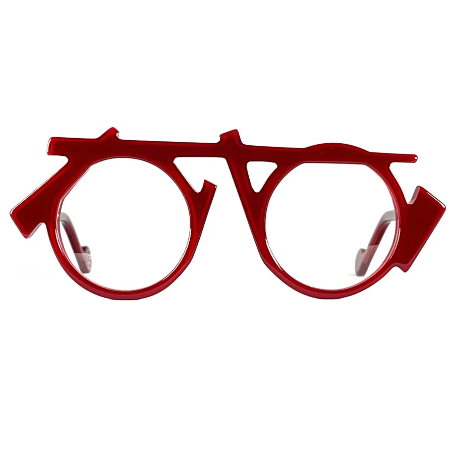 Monture Gambetta de Gaston Eyewear, rouge, aux deux branches volontairement asymétriques, vue de face sur fond blanc