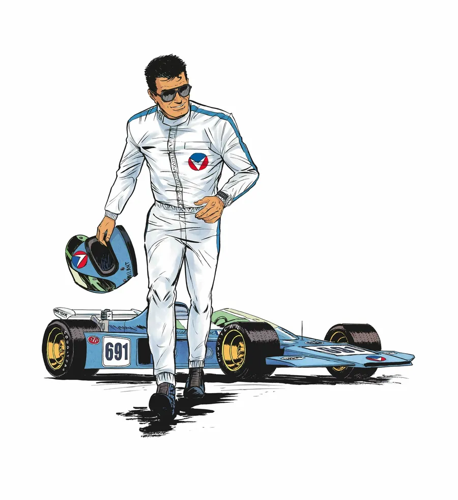 Illustration officielle de la collaboration Michel Vaillant × SuperBolide, modèle N°691, personnage aux côtés de sa monoplace